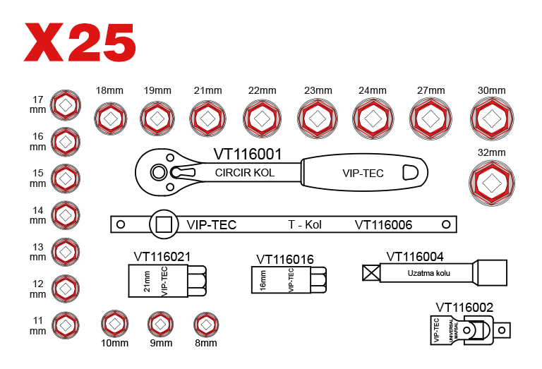 1/2" Lokma Anahtar Takımı 25 Parça mm