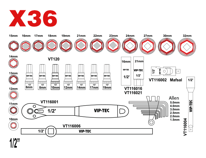 1/2" Lokma Anahtar Takımı 36 Parça mm
